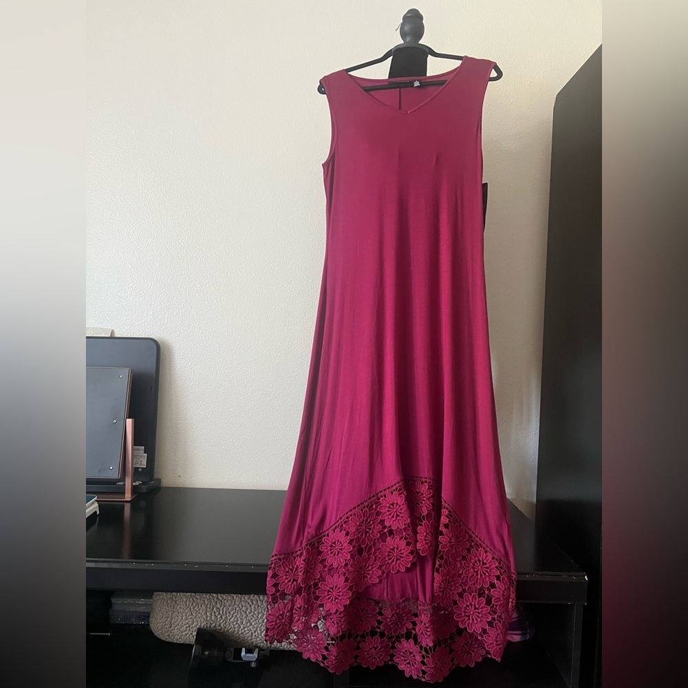 Nina‎ Leonard Magenta High Low Dress with Lace Detail